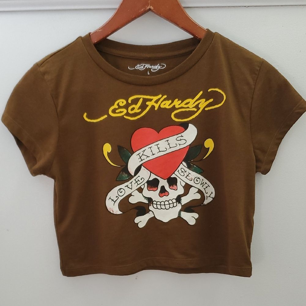 Ed Hardy Love Kills Slowly Brown Baby Tee Size Large Y2K